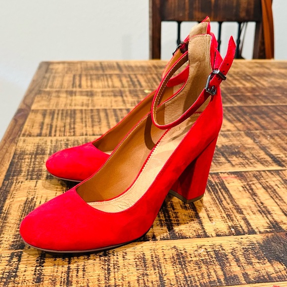FRANCO SARTO ABBINGTON RED SUEDE MARY JANE HEELS PUMPS BLOCK HEEL SZ 8 - Picture 4 of 12